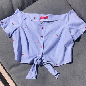 Embroidered Cherry Tie-Front Top